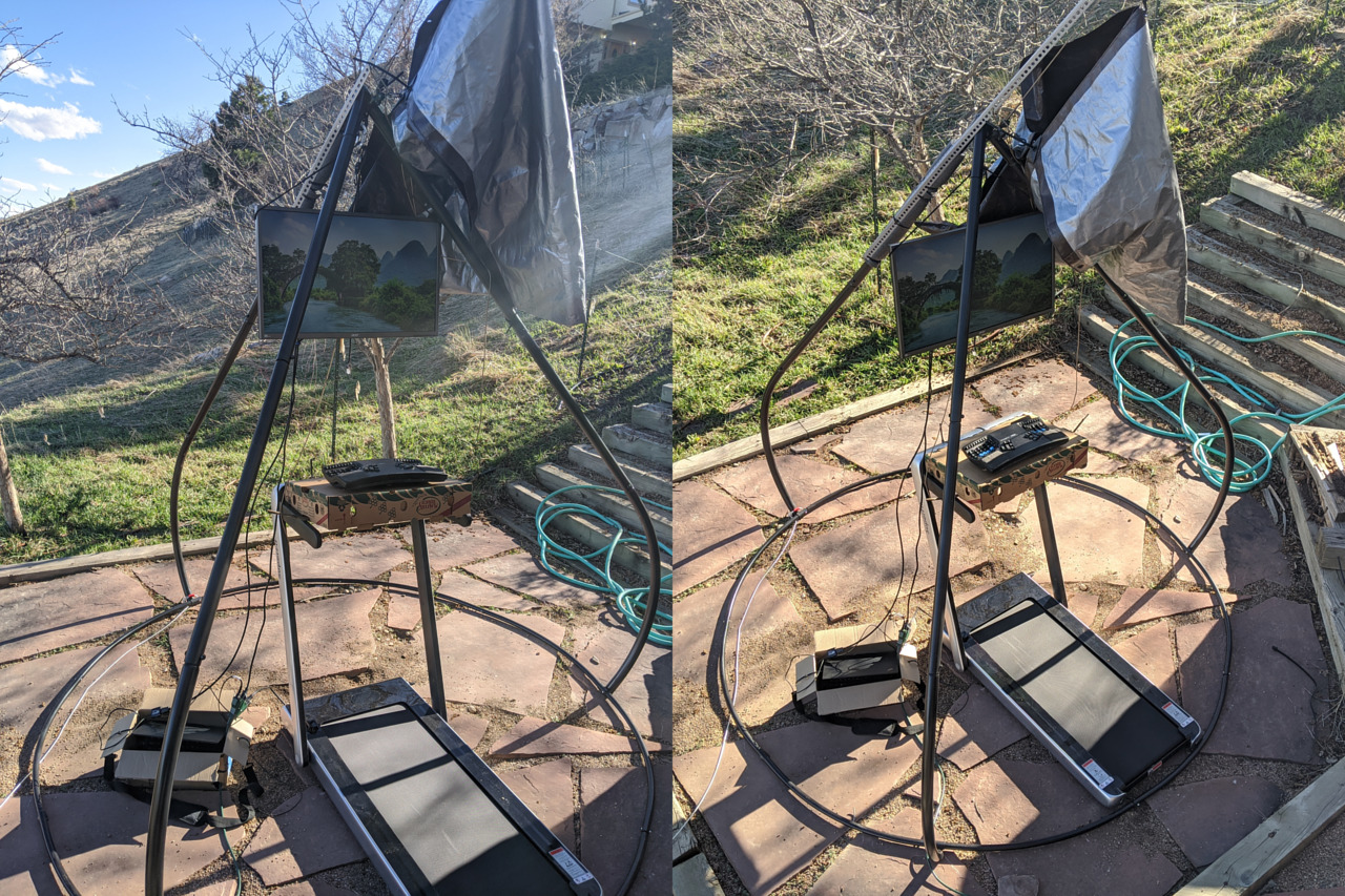 diy treadmill desk under hammock stand, with monitor suspended