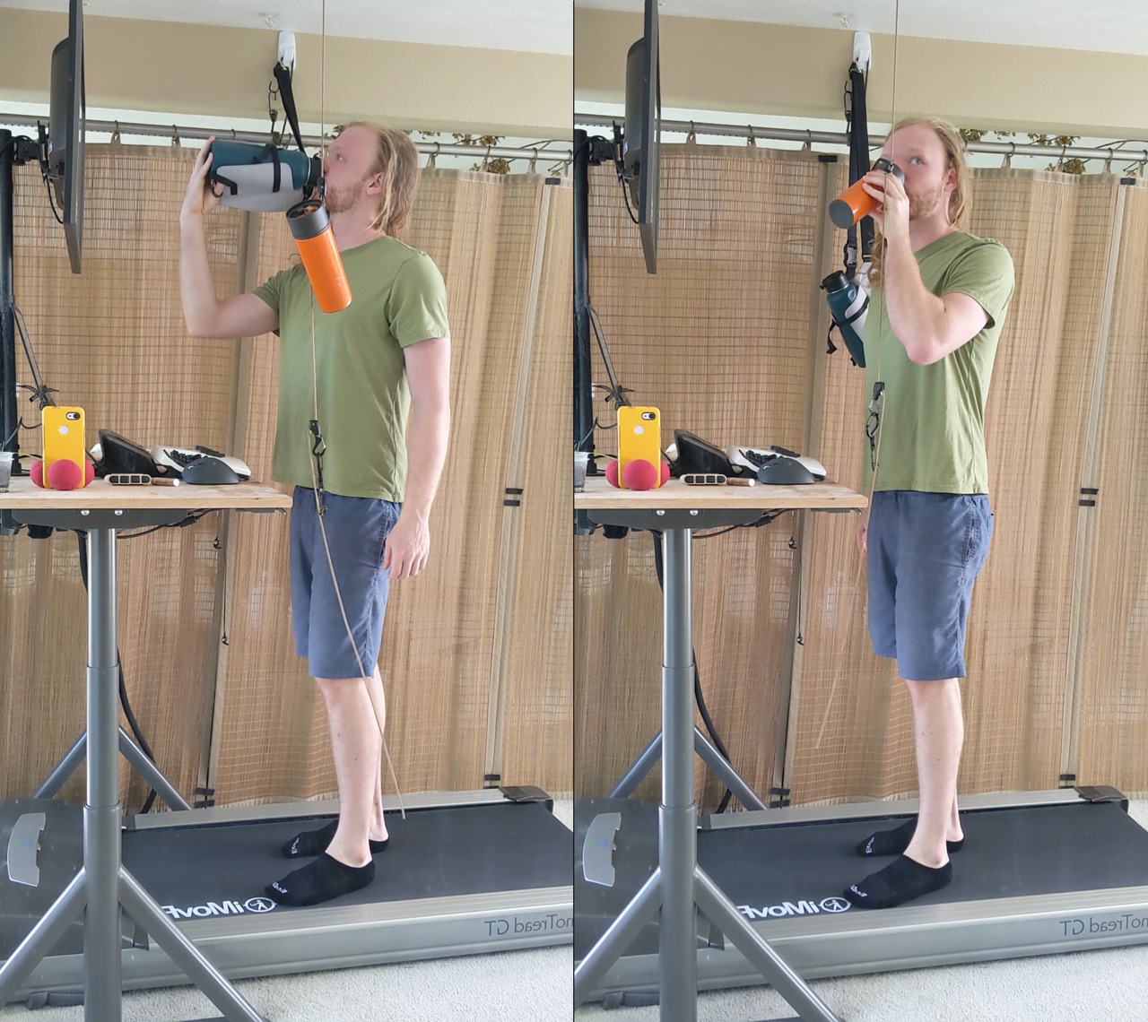 Drinking from suspended water bottle / coffee mug